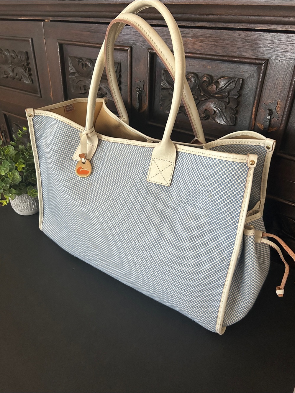 Dooney & Bourke Light Blue Canvas Tote with Cream Trim